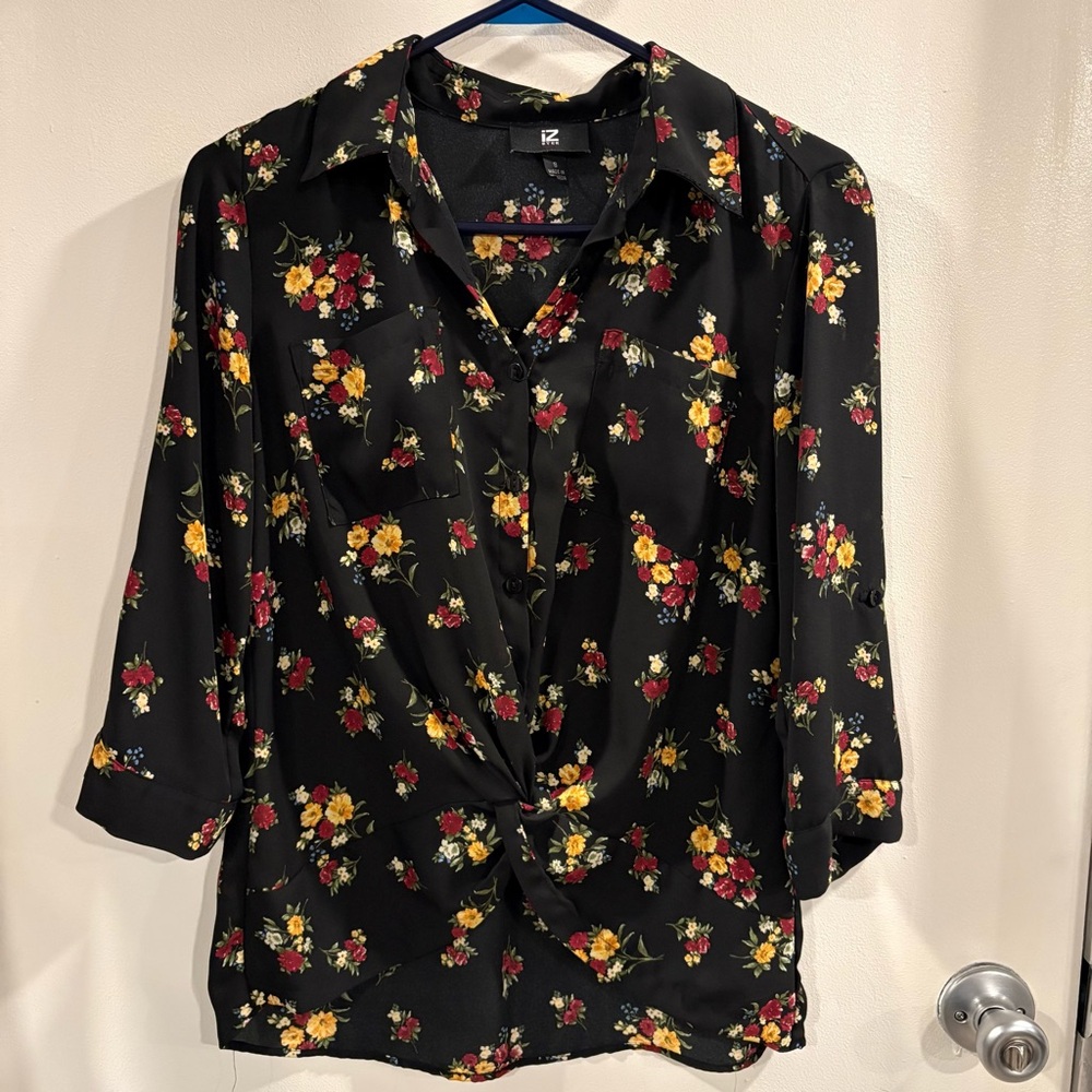 Iz Byer Black Blouse with Red and Yellow Floral Design